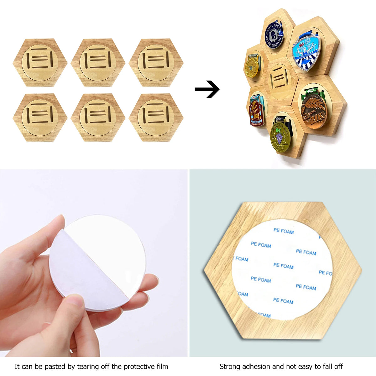Pine Wood Medal Holder Hexagonal Wood Medal Rack Honeycomb Combination Medal Display Stand Creative Splicing Wall Decor Gift Vue