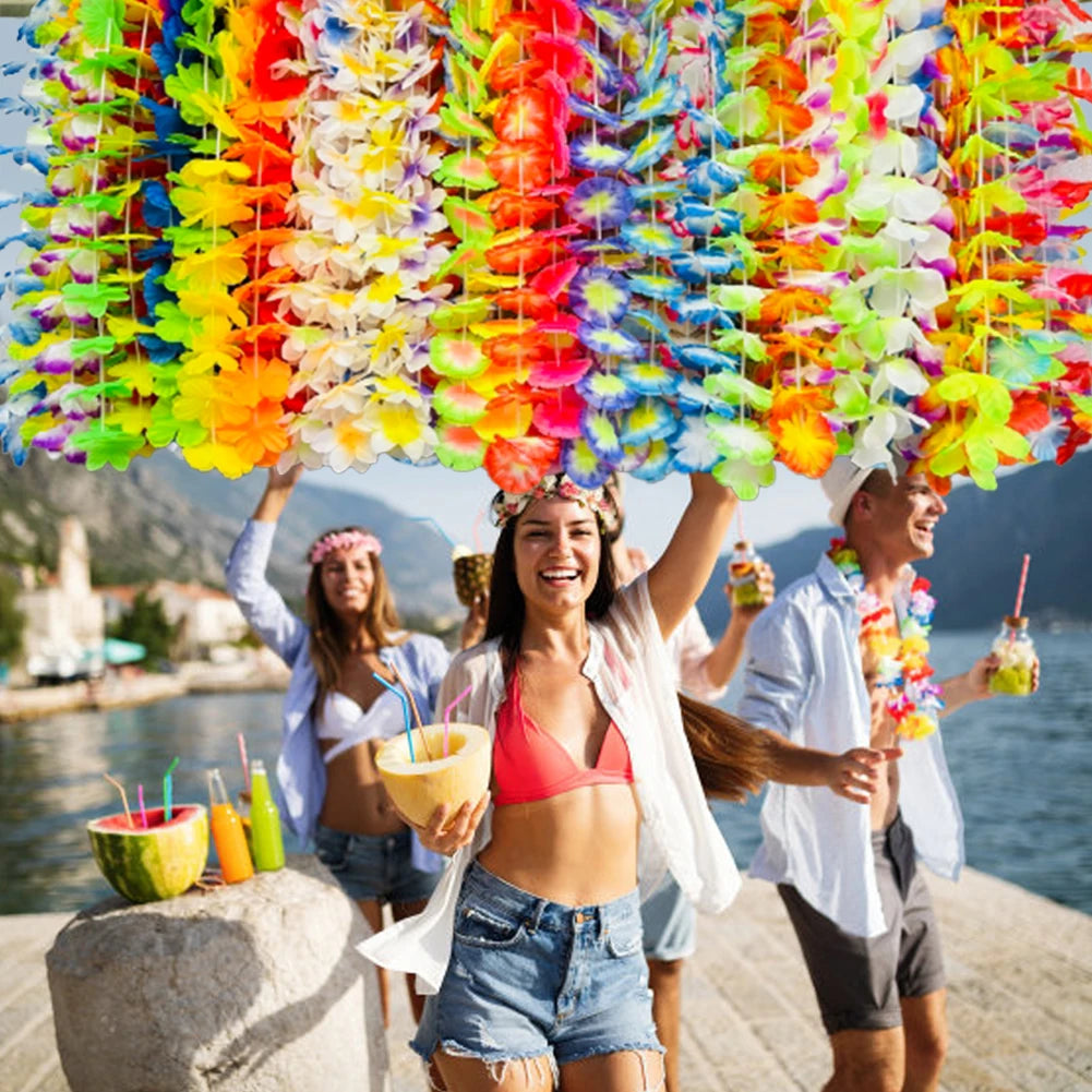 70 Pcs Hawaiian Luau Leis Decorations Supplies 30 Tropical Leaves 30 Hibiscus Flower 10 Necklace Tropical Luau Party Decoration Vue