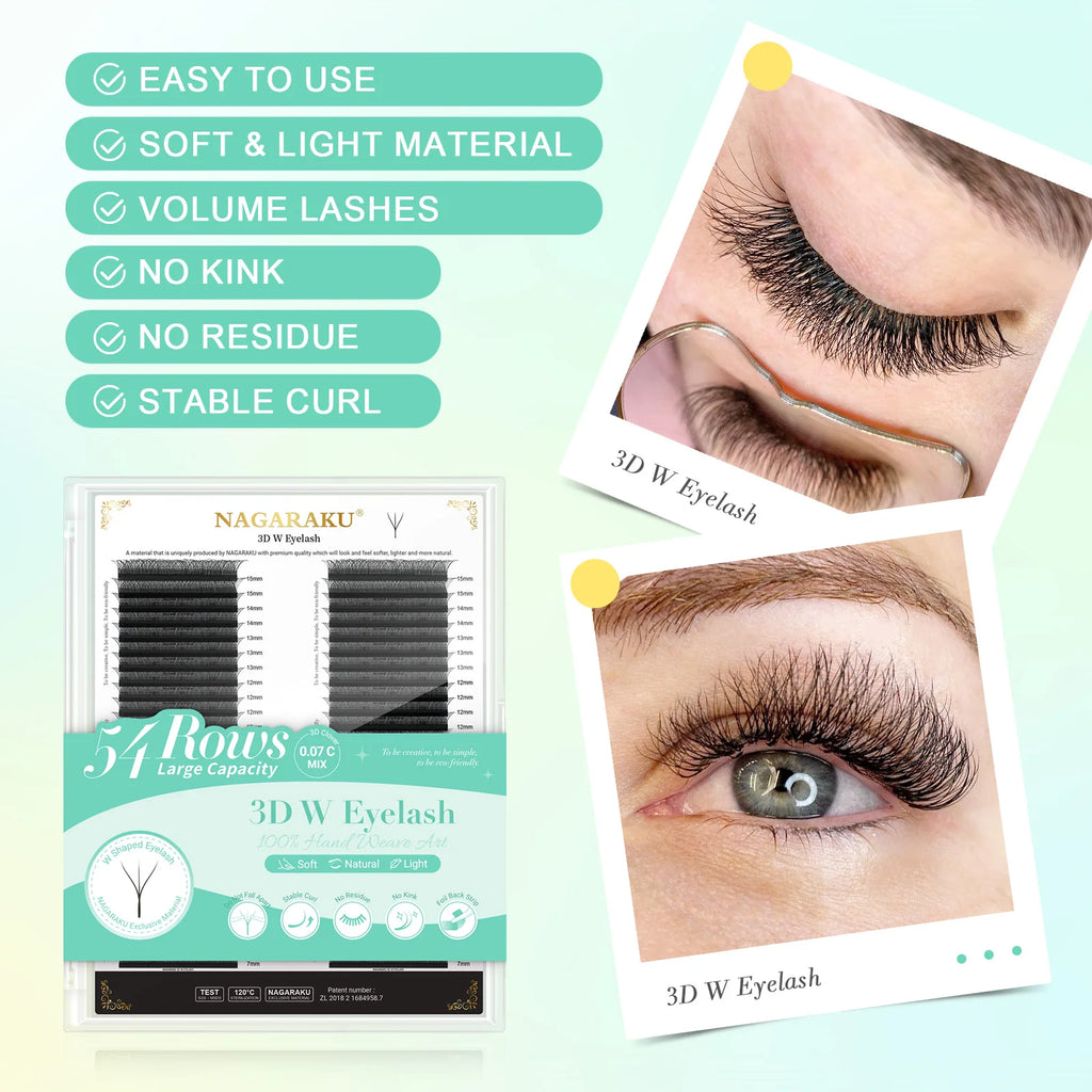 NAGARAKU 8640fans 3D/4D/5D W Shape 54 Rows Natural Soft Light Hand Woven Fans Automatic Flower False Eyelashes Extensions Vue