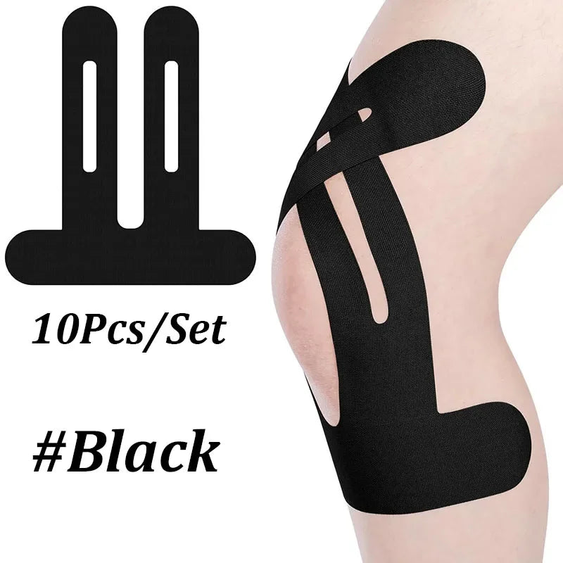 10PCS Precut Kinesiology Tape For Knees,Waterproof Elastic Breathable Knee Tape,Athletic Tape Provide Support Stability Running Vue black