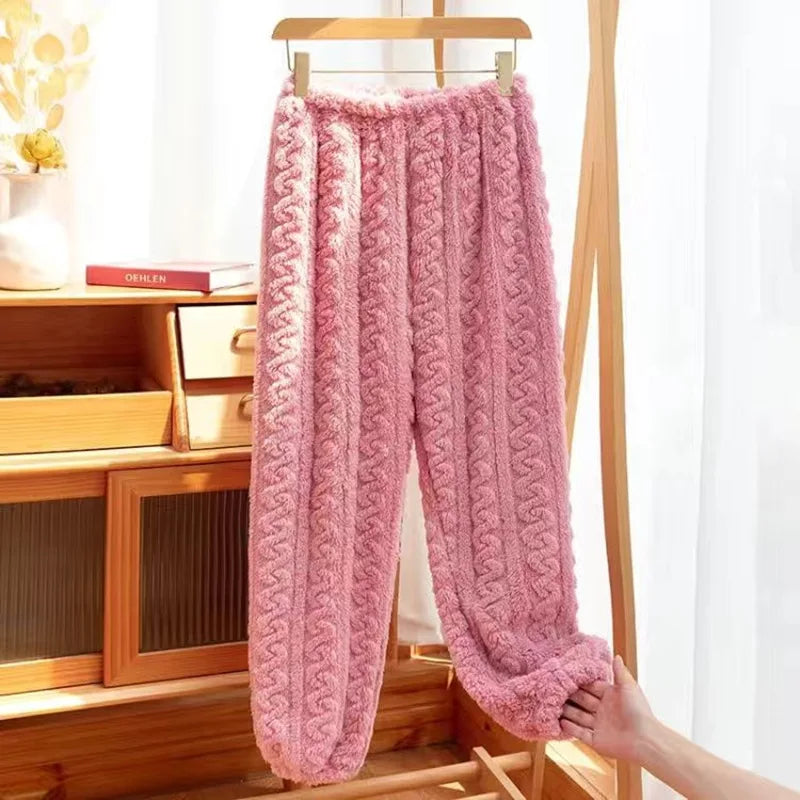 Women Coral Fleece Pants Thickened Warm Cable Knit Lounge Bottoms Relaxed Fit Sleep Pajama Pants for Home Winter Wear Vue Pink One Size