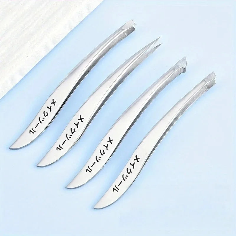 4pcs Japanese Banana Stainless Steel Precision Tweezers Set, Unscented, for Eyebrow, Eyelash, and Barbs Removal Vue 4pcs
