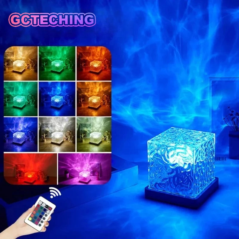 16 Colors Water Ripple Projector Dynamic Rotating LED Night Light with Remote Dimming Family Bedroom Romantic Ocean Decor Lamp Vue