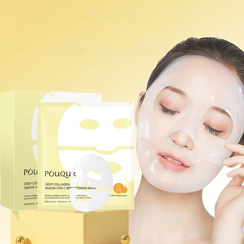 1 Box*5 Pieces of White and Yellow Collagen Face Mask, Containing Collagen + Niacinamide + Vitamin C, Moisturizing and Hydrating, Can Be Given as a Gift to Family and Friends. Vue