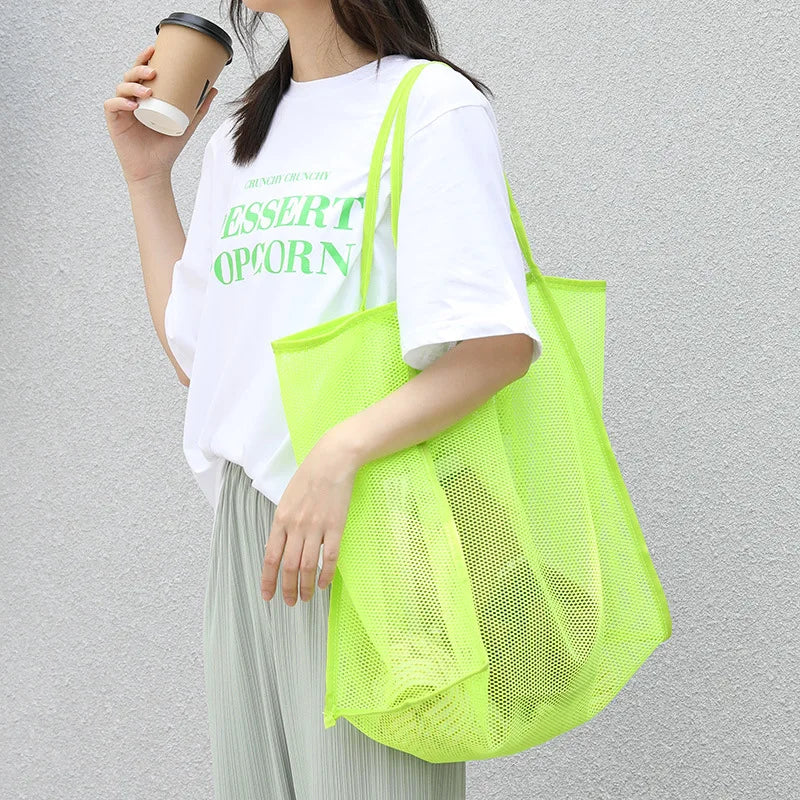 Fashion Mesh Hollow Out Handbag Design Beach Travel Package For Women Shoulder Bag Large Capacity Female Summer Shopping Totes Vue yellow
