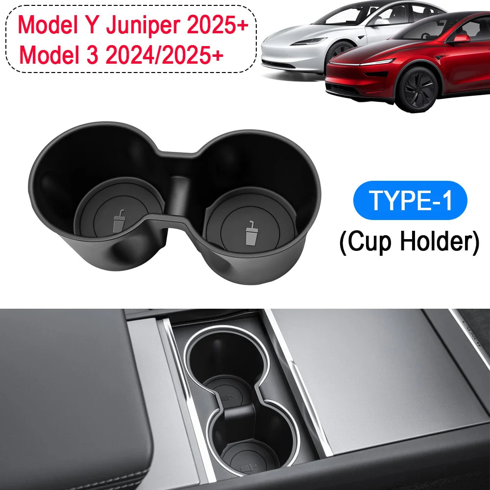 For Tesla Model Y Juniper 2025 Model 3 Highland Water Cup Holder Insert Center Console Organizer TPE Storage Box Car Accessories Vue Cup Holder TYPE-1