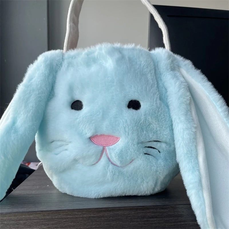 Kawaii Long Plush Easter Bunny Storage Bin Adorable Rabbit Ear Handbag for Toys Candy Holiday Decor Party Supplies Kids Gift Vue