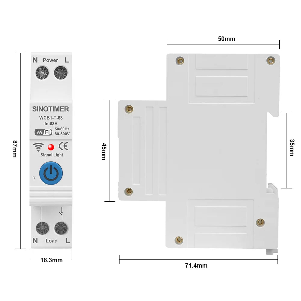 WCB1-T-63 Tuya Smart Remote Control Circuit Breaker 60-300V 50/60Hz 63A WiFi Remote Control On-Off Timer Switch Protector Vue