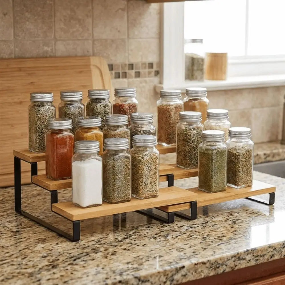 Bamboo 3 Tier Spice Rack Detachable Large Capacity Expandable Step Storage Rack Space Saving Model Display Stand For Kitchen Vue