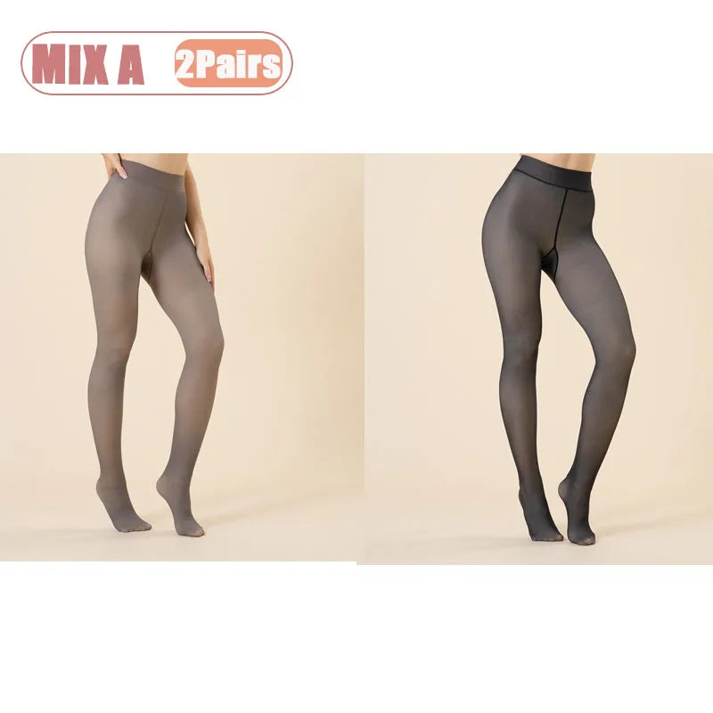 1-2Pairs Plus Size Fleece Lined Tights Translucent Sheer Look Opaque High Waist Thermal Pantyhose for Women Winter Daily Wear Vue MIX A-2Pairs One Size