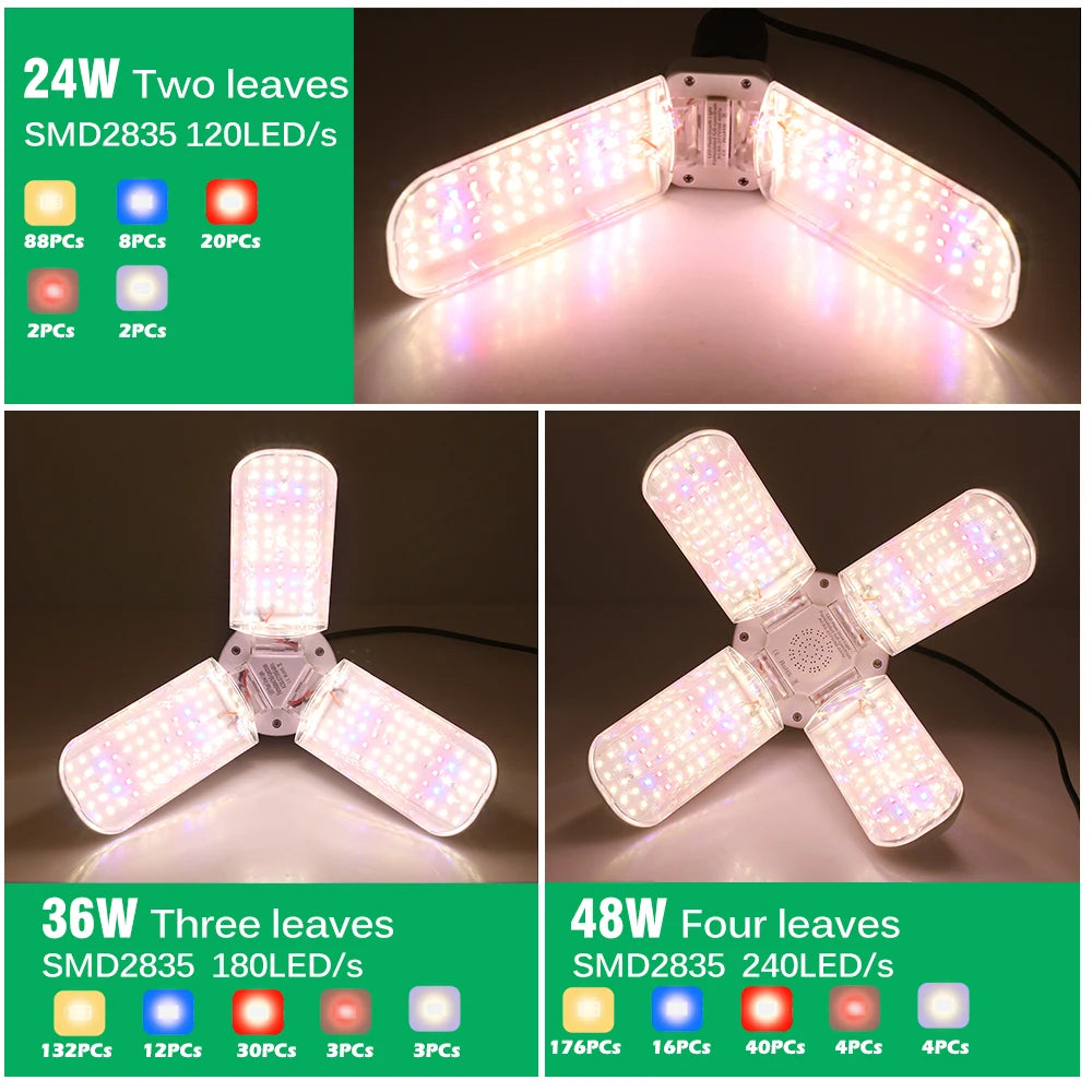 24W 36W 48W Foldable LED Grow Light Full Spectrum E27 Plant Growing Light Phytolamp Bulb For Indoor Plants Flower Seedling Vue