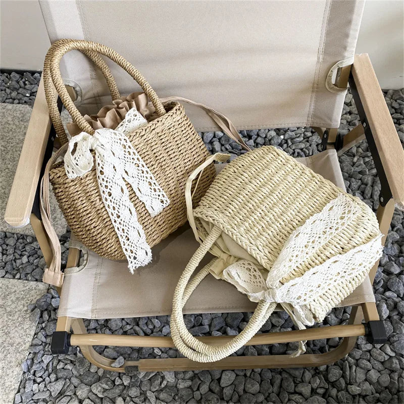 Women Straw Woven Drawstring Handbag Girls Solid Holiday Purse
