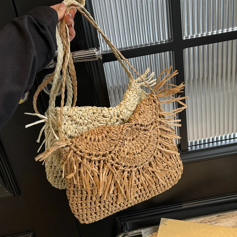 Summer Beach Women Tassels Straw Rattan Weave Shoulder Crossbody Bag