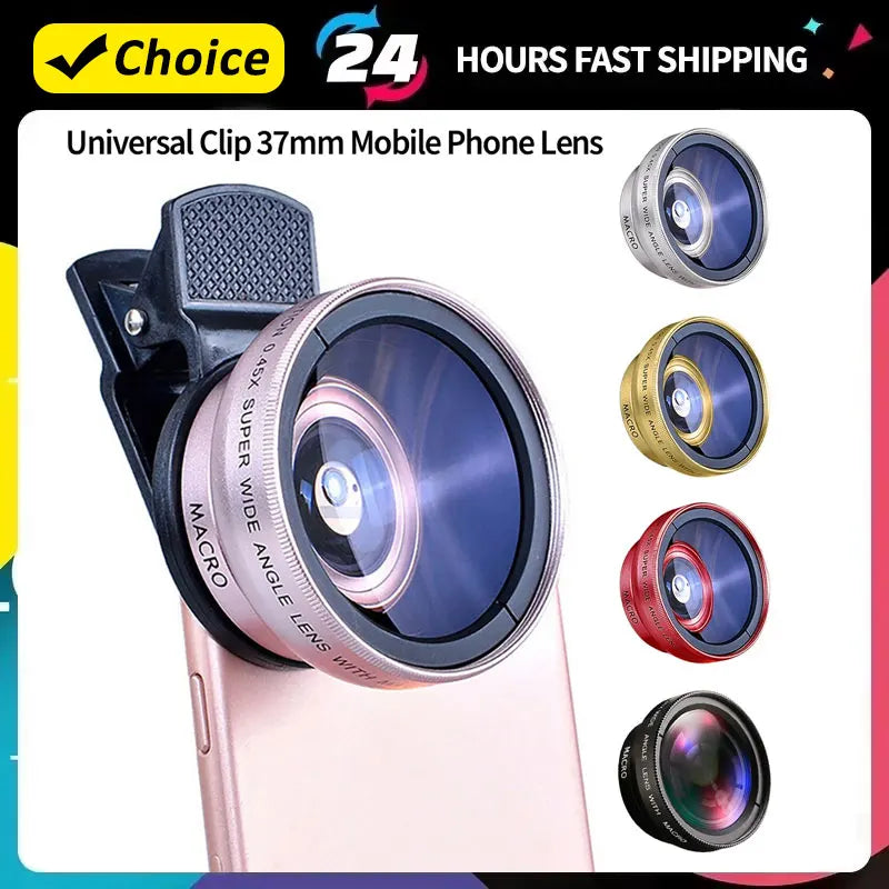 Universal 2 IN 1 Lens Clip 37mm Mobile Phone Lens Professional 0.45x 49uv Super Wide-Angle + Macro HD Lens for iPhone Xiaomi 12 Vue