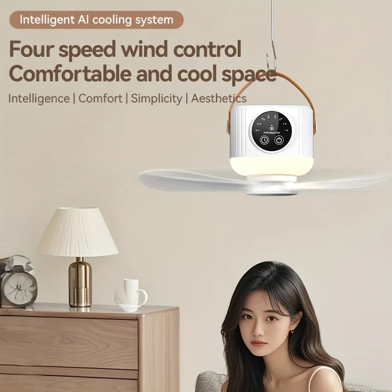 Portable USB Camping Fan Light Silent Tripod Stand Adjustable Speed