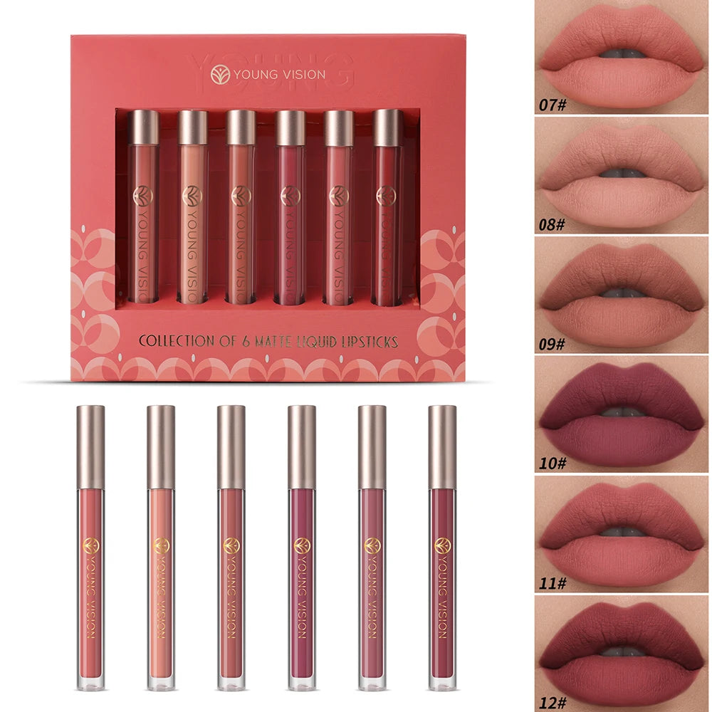 YOUNG VISION 6Pcs/Kit Matte Liquid Lipstick Gift Set Easy Application, Waterproof and long-lasting without fading Lip Gloss Vue 8126-B-B