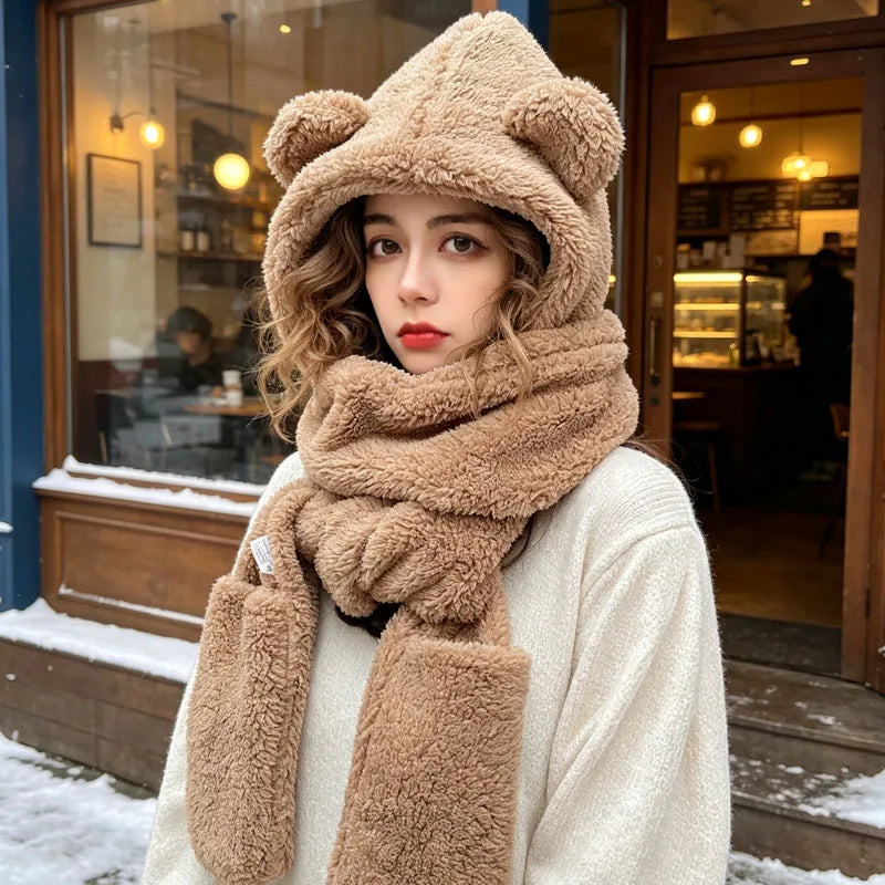 1-5PCS Cute Bear Ear Beanie Scarf Gloves 3 in 1 Fleece Lined Thick Warm Winter Hood for Women Girls Outdoor Skiing Cold Weather Vue