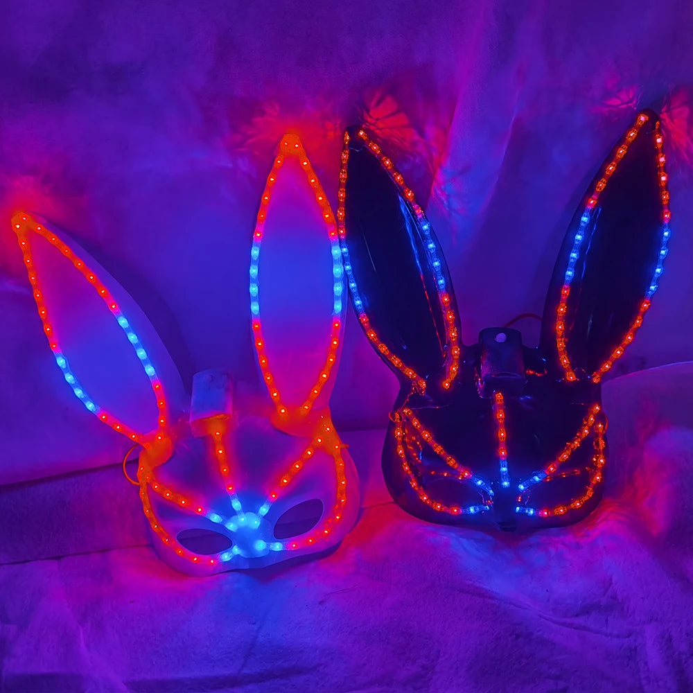 Halloween LED Light up Bunny Mask Mixed Colours Double Cross Eyes Cute Plush Bunny Party Spoof Mask Photo Props for Halloween Vue