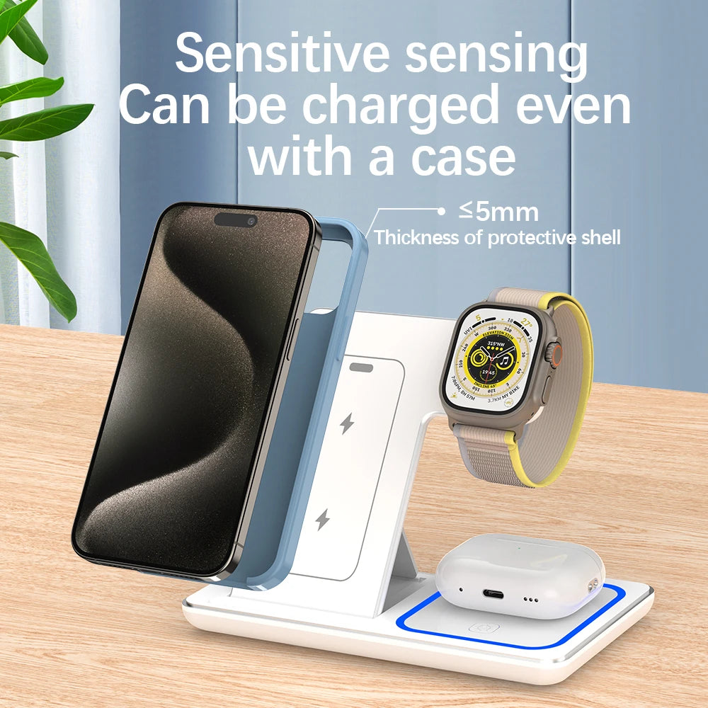 Foldable 3 In 1 Wireless Charger Pad Stand For iPhone 15 14 13 12 8 X XR Apple Watch 8 7 6 Airprods Fast Charging Dock Station Vue