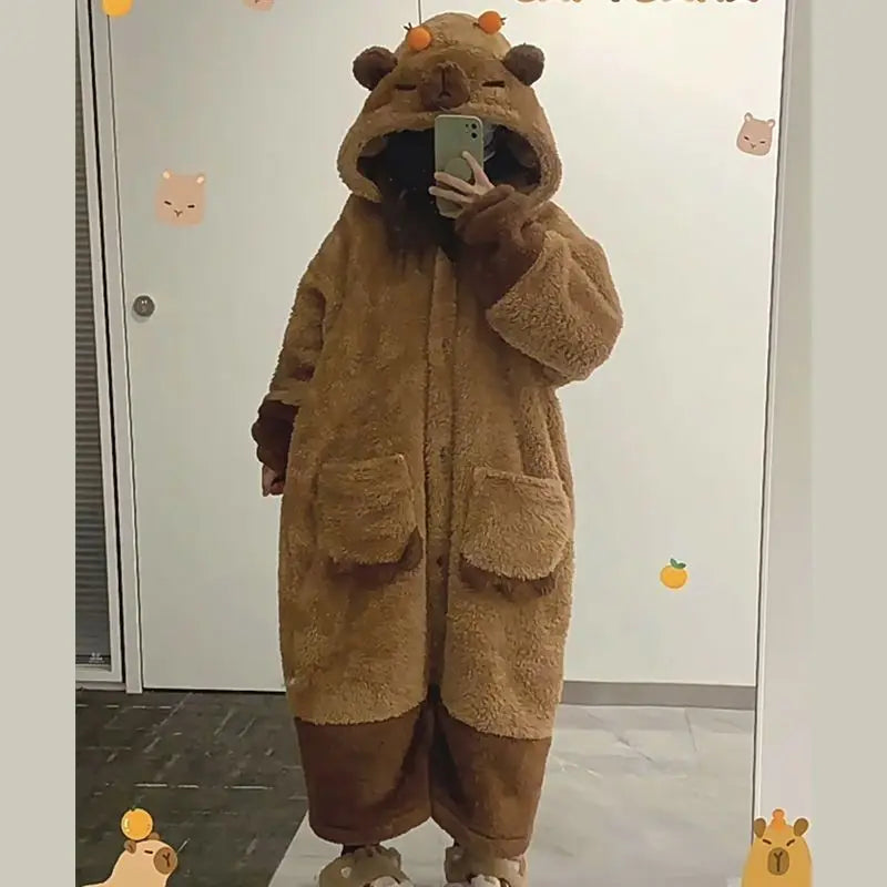 Hot Cute Capybara Winter Pajama Cartoon Animal Soft Plush Jumpsuit For Adults Kawaii Velvet Pajama Night Robe Cosplay Suit Vue