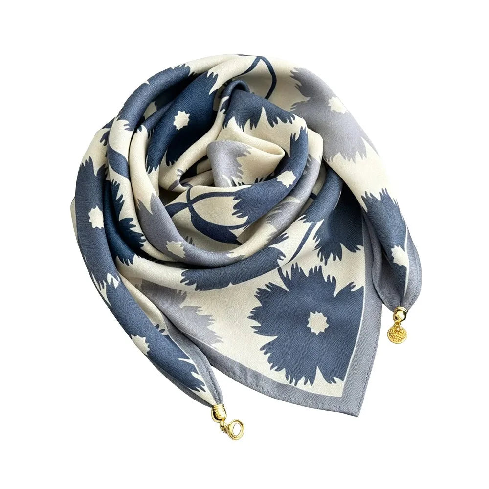 Fashion Magnetic Buckle Silk Scarf Floral Print Lightweight Neck Vue Fallen Leaf Blue