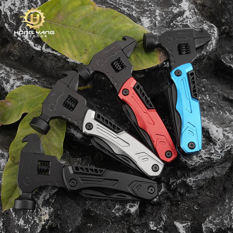 Outdoor Multi-function Wrench Hammer Pliers Tool Combination Folding Knife Pliers Camping Portable Portable Vehicle Floor Hammer Vue