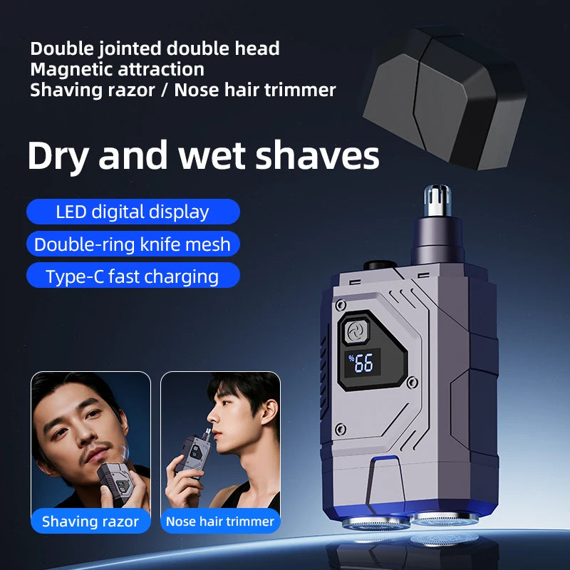 Magnetic Double Blade Electric Shaver for Men Mecha Punk Style Rechargeable LCD Vue
