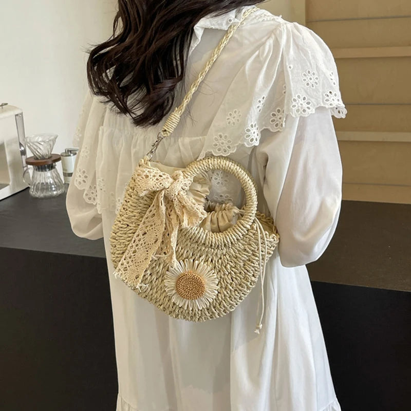 Handwoven Straw Rattan Half-moon Beach Handbag Small Women Summer
