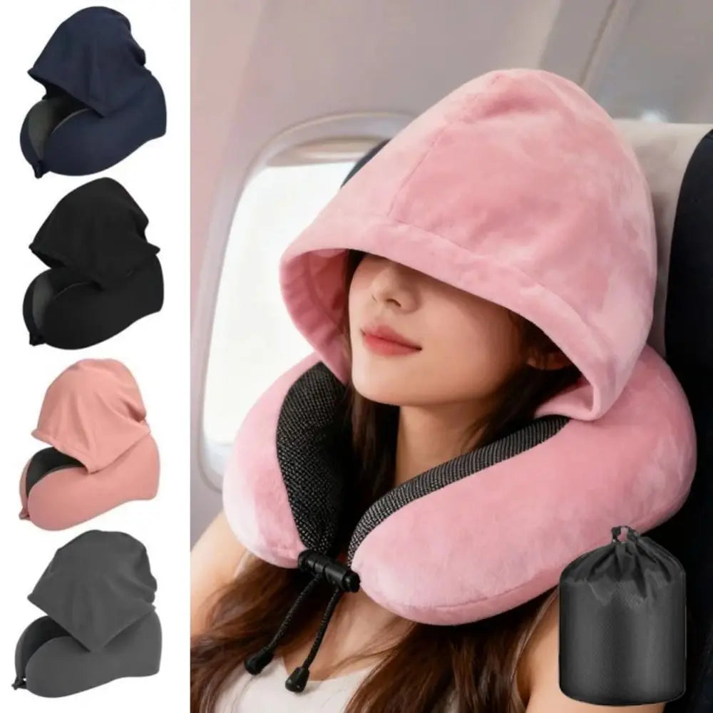 Removable Travel Neck Pillow Washable Cover with Storage Bag Hooded Pillow Adjustable Comfortable U-shaped Pillow with Cap Vue