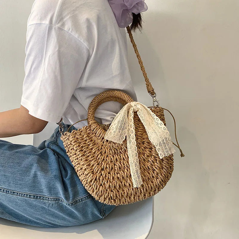 Straw Bag Women Hand-woven Handbag Moon Shape Lace Bow Rattan Big