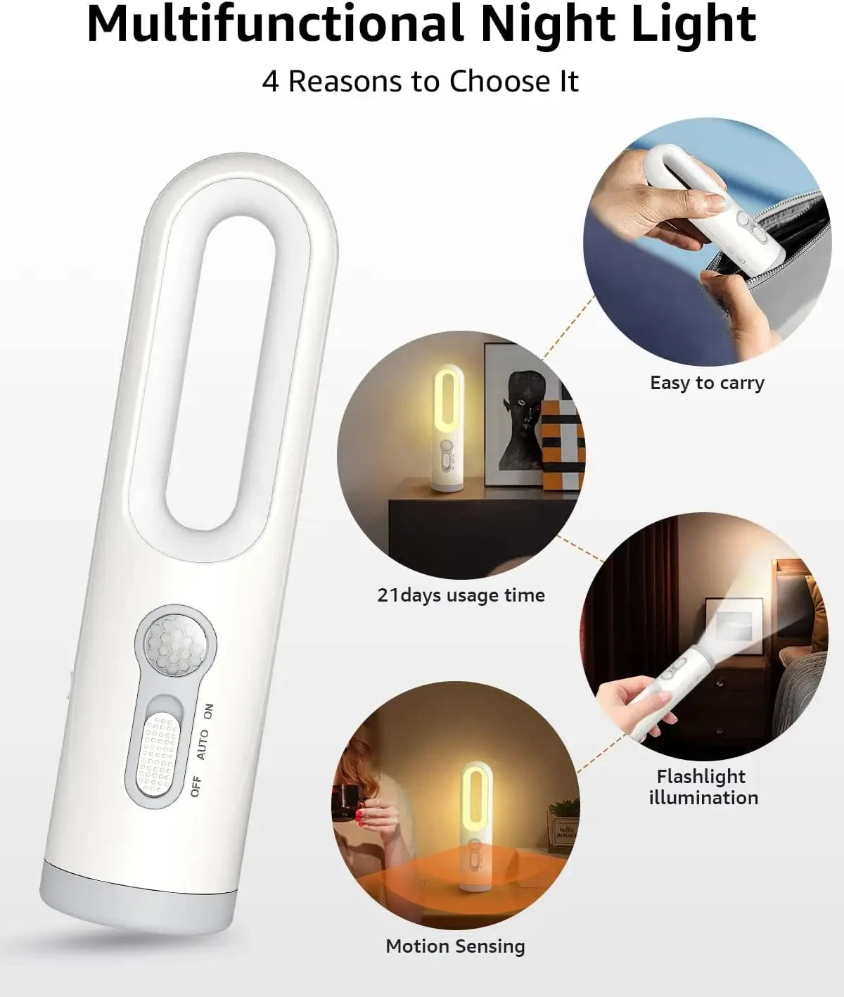 LED Motion Sensor Night Light 2 in 1 Portable Flashlight with Dusk to Dawn Sensor for Bedroom, Bathroom, Reading, Camping Vue