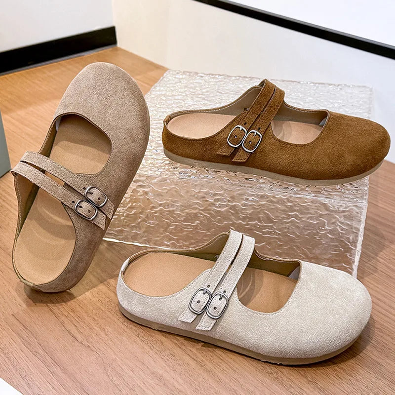 Women's Mary Jane Half Slippers Double Button Flat Mule Women's Flat Mule Slippers Vue