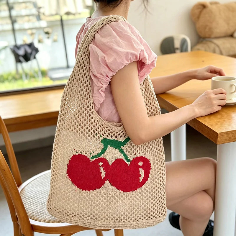 Summer Hollow Out Shoulder Bag Cherry Desing Knit Hand Woven