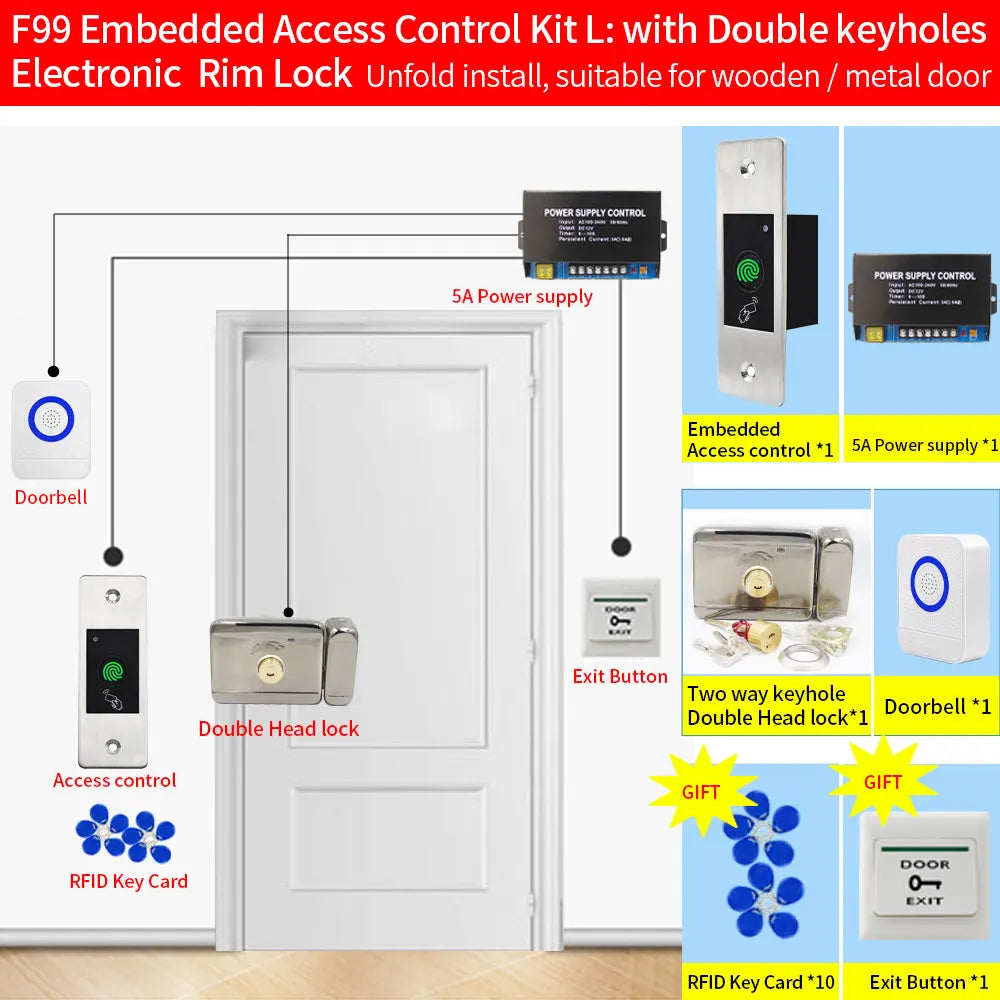 Metal Embedded Access Control Kits F99 Sets 125KHz RFID Keyfob Reader Fingerprint Door Lock Electric Gate Door Opener Waterproof Vue