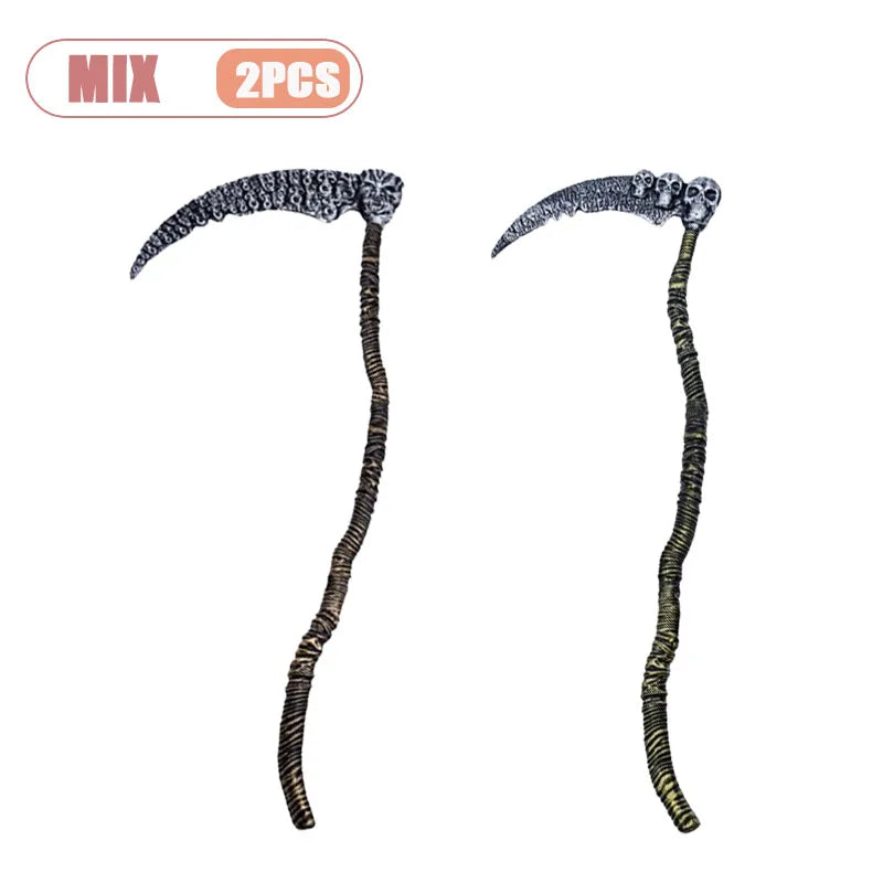 1-2pcs Halloween Grim Reaper Scythe Toy with Skull Handle for Cosplay Costume Party Favor Decor Role Play Accessory Vue MIX-2PCS As SHOWN