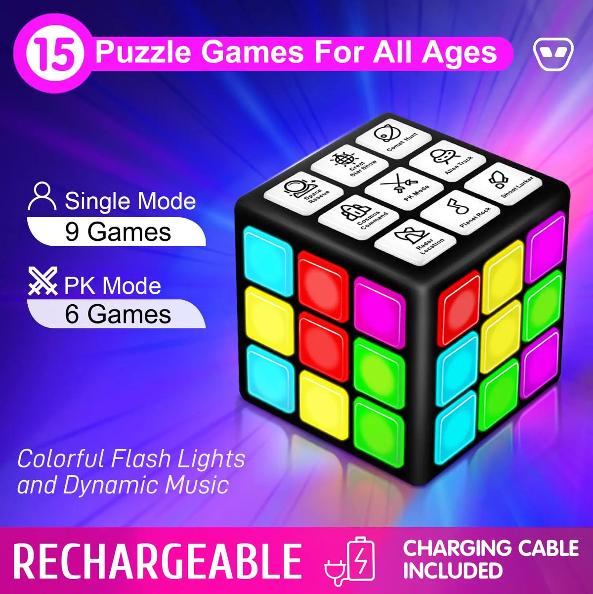 Rechargeable Handheld Cube with Games - 15 Fun Brain & Memory Games with Score Screen for Kids Teens - Gifts for Boys Girls Vue
