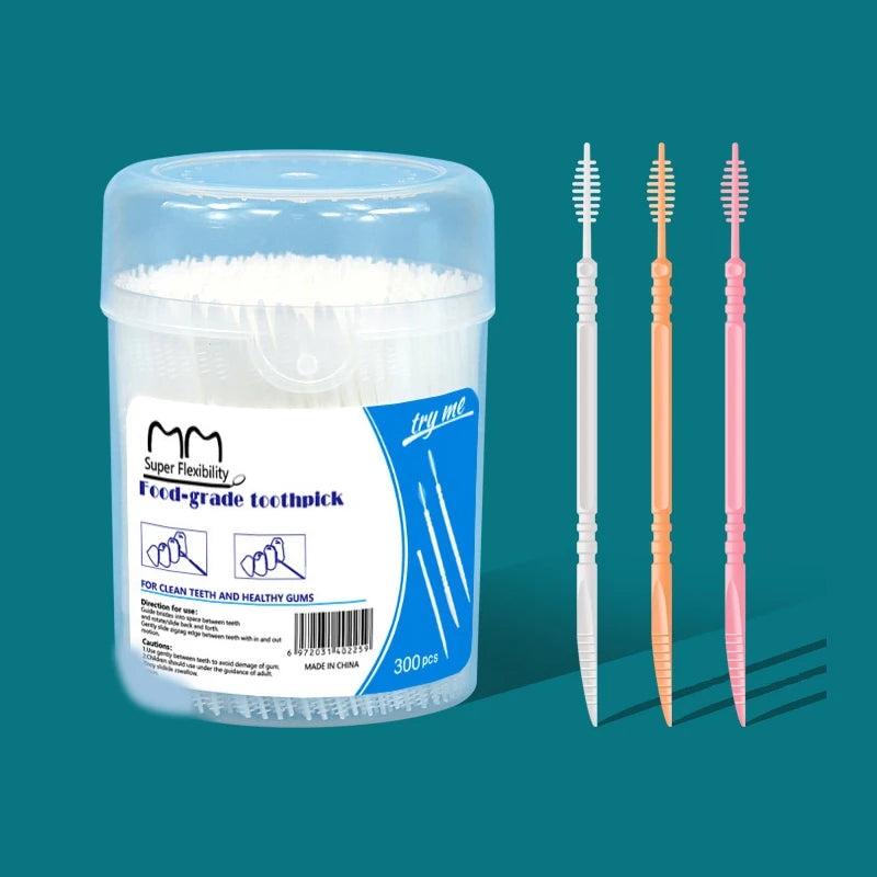 300pcs Plastic Double-head Interdental Brush Dental Floss Stick Mouth Hygiene Plastic Toothpicks Toothbrush Teeth Cleaning Brush Vue 1box