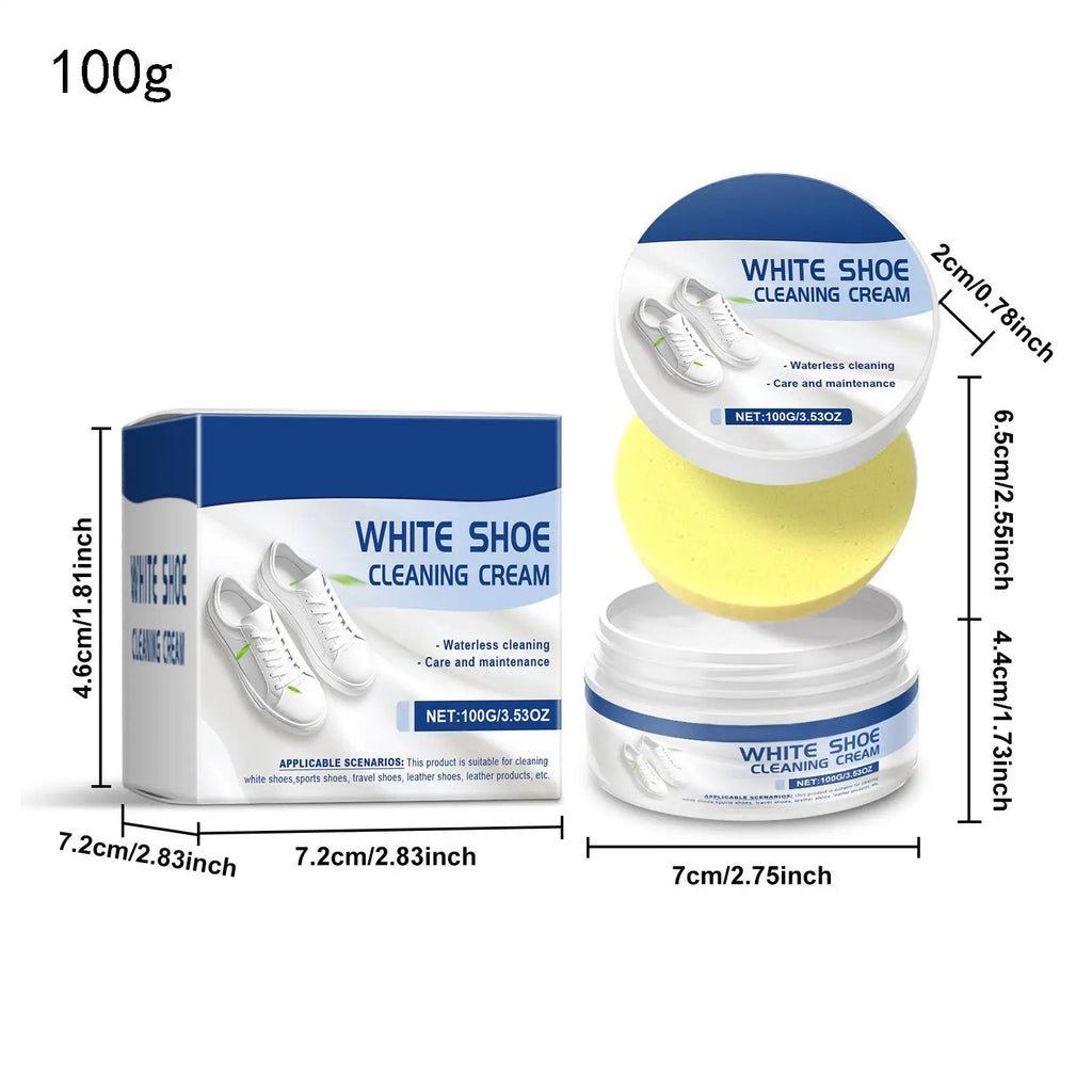 100g White Shoe Cleaner Cream with Sponge, No-Wash Multipurpose Sneaker Whitening Polish, Stain Remover for Leather Canvas Shoes Vue