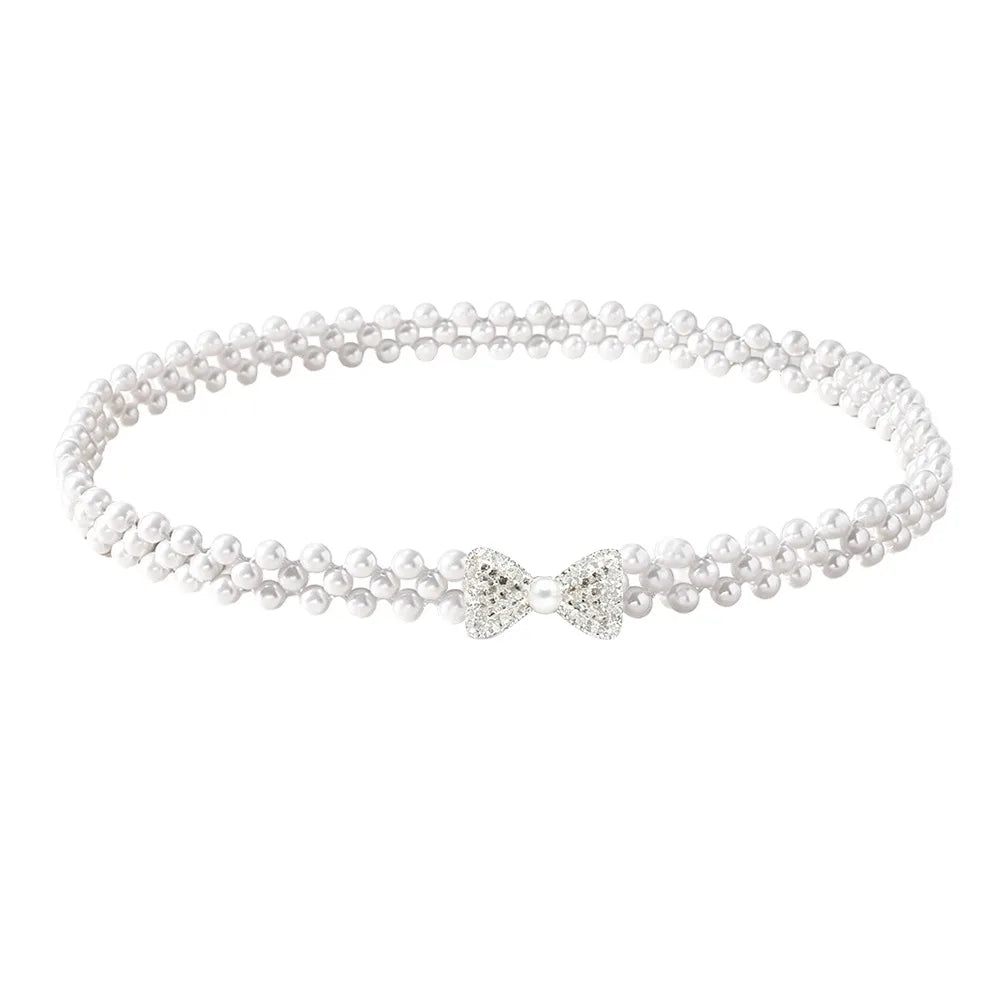 Pearl Beads Waist Chain Stretch Elastic Band Thin Narrow Waistband