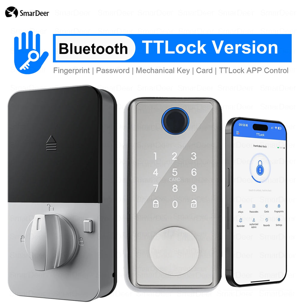 SmarDeer Electronic Lock for TTLock Smart Lock App Remote Control Keyless Entry Door Lock Fingerprint Digital Deadbolt Vue Silver