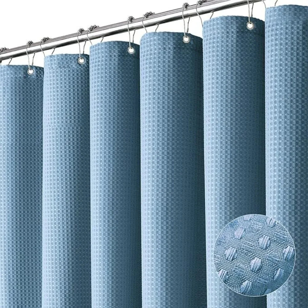 Waterproof Plain Waffle Shower Curtain Mildew-proof Solid Color Shading Curtain Polyester with Hooks Bathroom Partition Curtain Vue Blue- 90-180cm