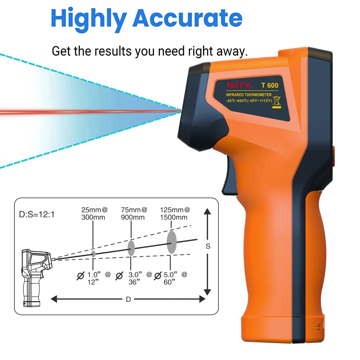 NJTY T600 Infrared Thermometer Handheld Heat Temperature For Cooking Tester Pizza Oven Grill & Engine - Laser Surface Temp Read Vue