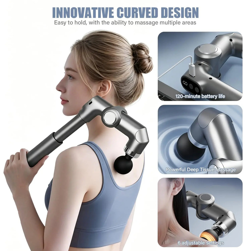 Foldable Deep Tissue Massage Gun 6 Speed Amplitude 4 Heads Type-C Portable Muscle Massager for Body Relax Workout Recovery Vue