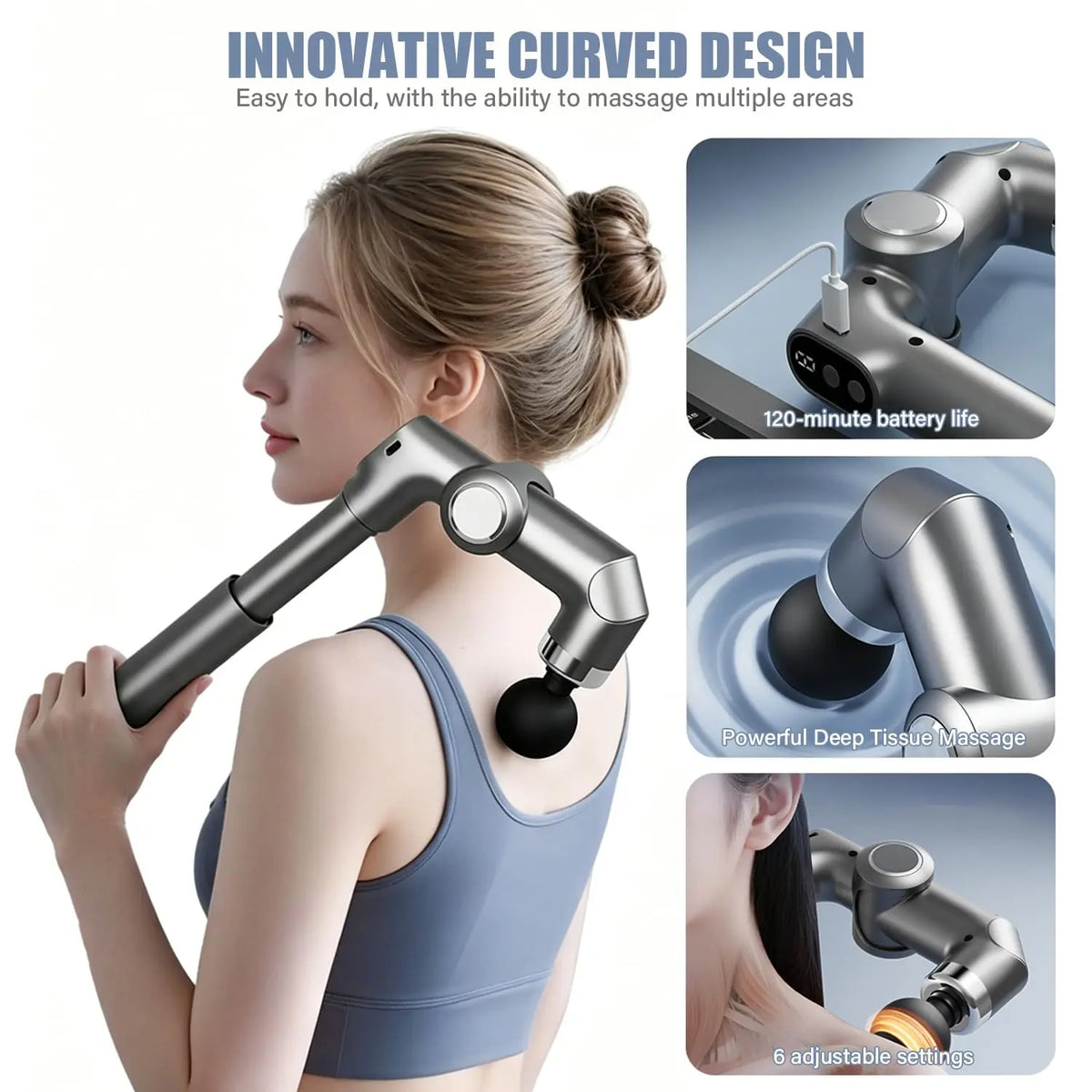 Foldable Deep Tissue Massage Gun 6 Speed Amplitude 4 Heads Type-C Portable Muscle Massager for Body Relax Workout Recovery Vue