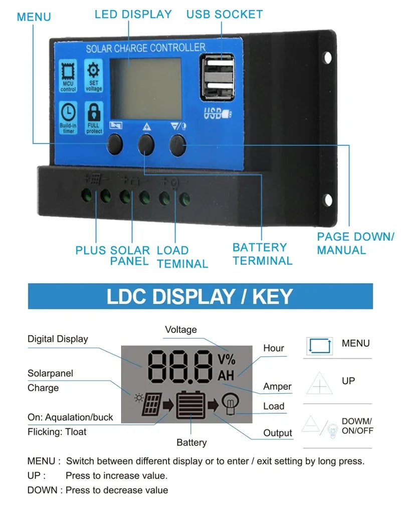 Solar Charge Controller 12V/24V PWM 10A 20A 30A 40A 60A with Adjustable LCD Display Dual USB Port Timer Setting Auto Parameter Vue