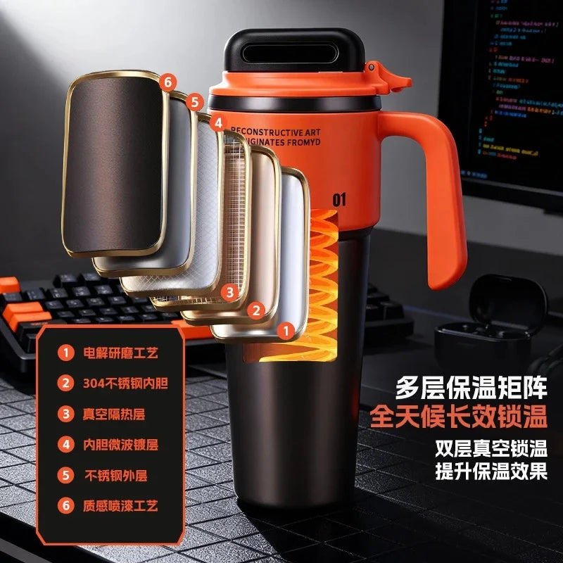 Insulated Stainless Steel Travel Mug Jumbo Capacity One Hand Quick Open Handle Flask For Car Office Holiday Gift For Adults Vue