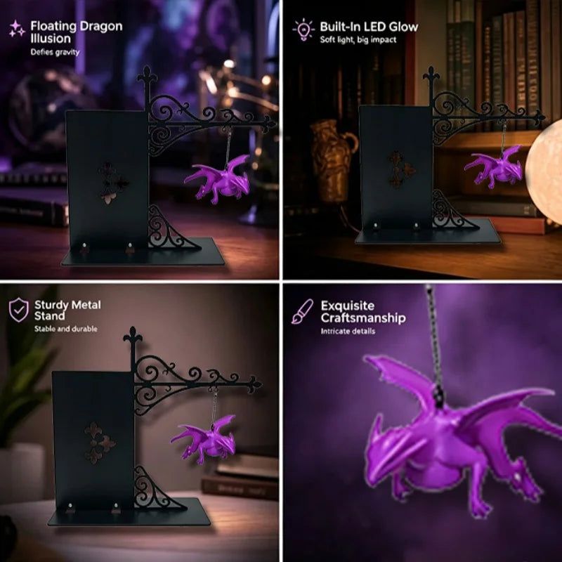 Gothic Dragon Bookend Night Light | Purple LED Shelf Decor Decorative Night Light Vue