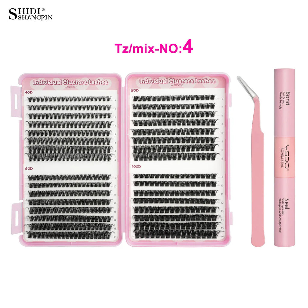 32/30/14Row Eyelash Extensions Kit 30D/100D Individual Lashes Kit 9-16mm Clusters Lashes Natural Long False Lashes Bond and Seal Vue Tz-mix-NO4Set