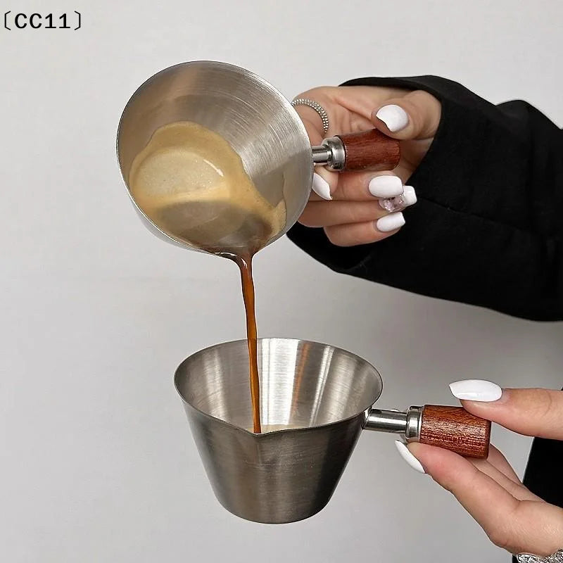 Stainless Steel Measuring Cup Wooden Handle Coffee Milk Pitcher Scale
