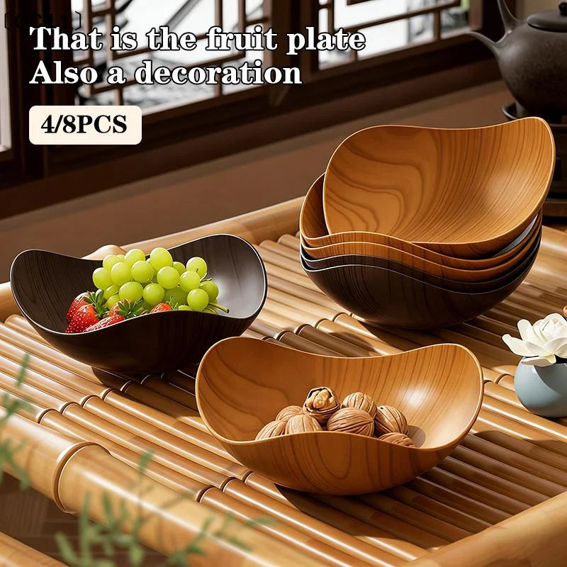 4 Wood Grain Plastic Bowl Multifunctional Salad Fruit Candy Container